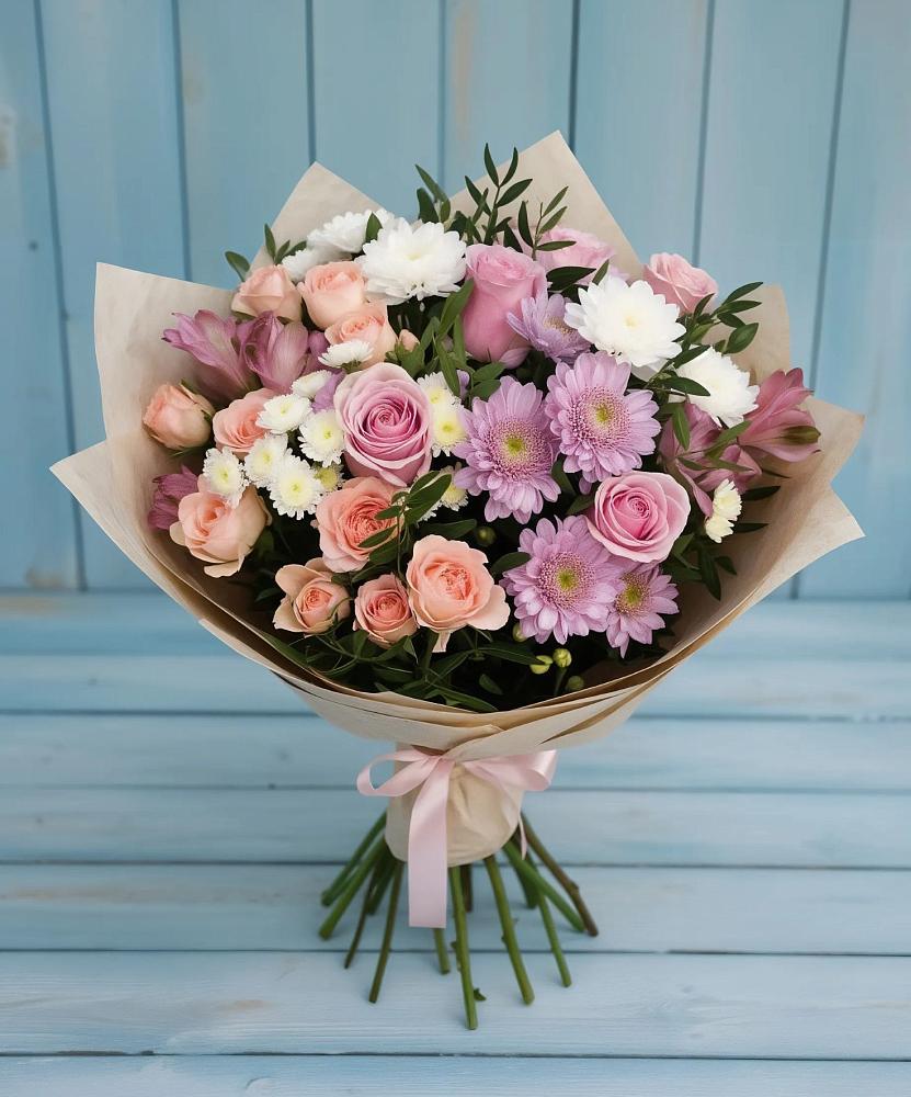 Букет цветов из: Хризантемы, Розы и Альстромерии в Краснооктябрьском