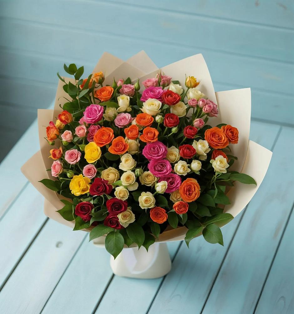Букет Микс из разноцветных кустовых роз в Краснооктябрьском