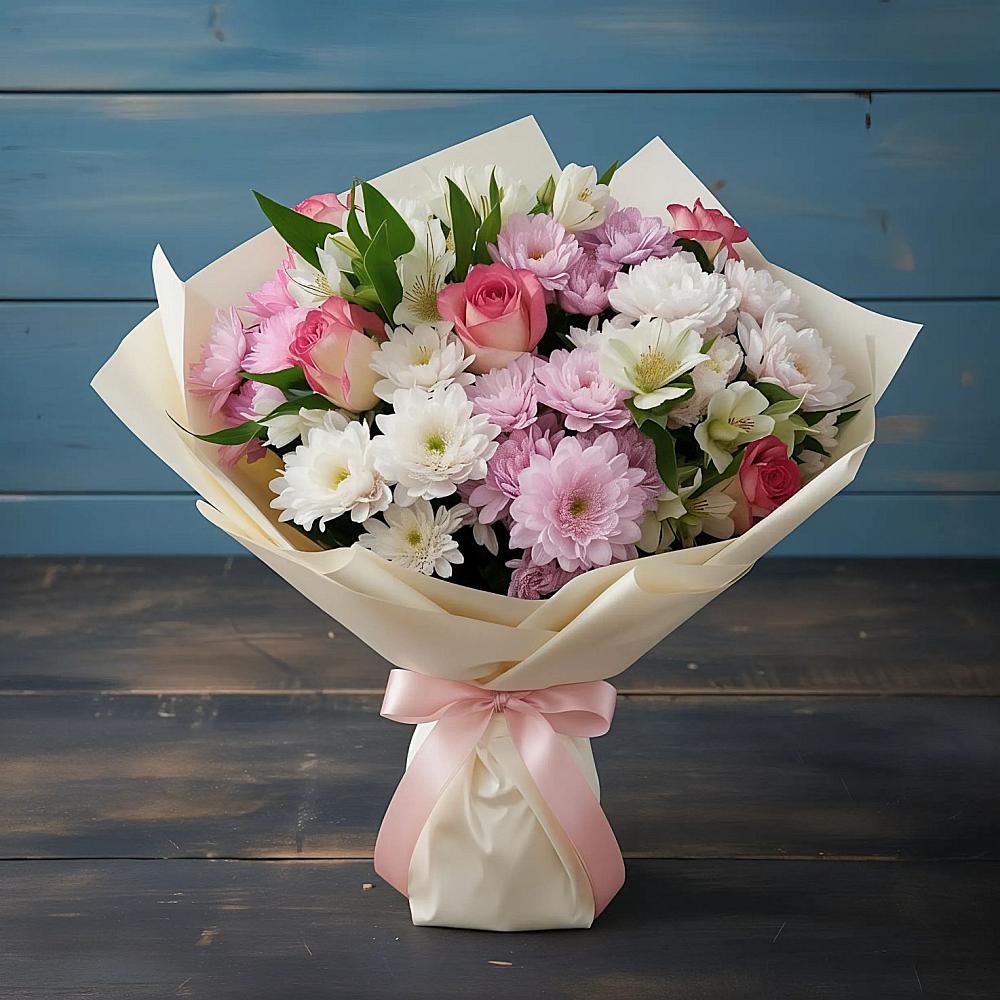 Букет цветов из: Хризантемы, Альстромерии и Розы в Краснооктябрьском